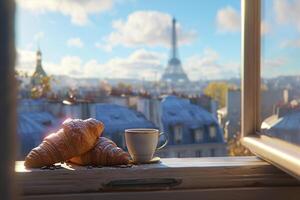 AI generated the croissants and cup of coffee are on a window photo