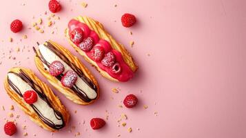 AI generated Eclair advertisment background with copy space photo
