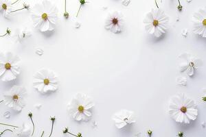 AI generated a bouquet of flowers scattered on white paper with leaves photo