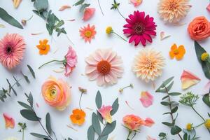 ai generado un ramo de flores de flores dispersado en blanco papel con hojas foto