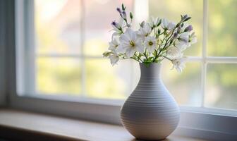 AI generated a white vase containing flowers sitting on a wooden ledge photo