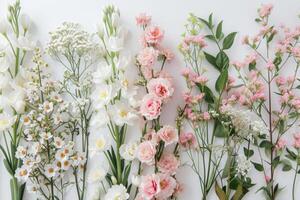 AI generated an arrangement of various bouquets in white and pink photo