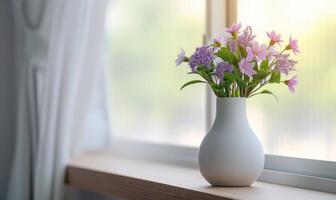 AI generated a white vase containing flowers sitting on a wooden ledge photo