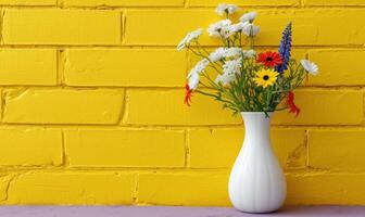 ai generado un blanco florero con flores en frente de un amarillo ladrillo pared foto