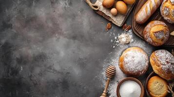 AI generated bakery advertisment background with copy space photo