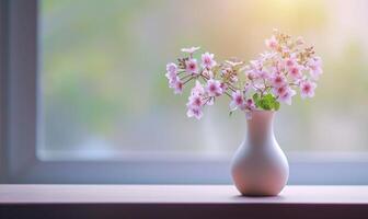 AI generated a white vase containing flowers sitting on a wooden ledge photo