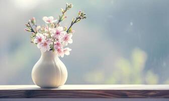 AI generated a white vase containing flowers sitting on a wooden ledge photo