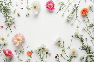 ai generado un ramo de flores de flores dispersado en blanco papel con hojas foto