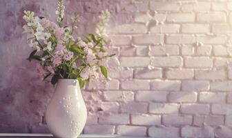 ai generado un blanco florero lleno con flores en un madera mesa en contra un ladrillo pared foto