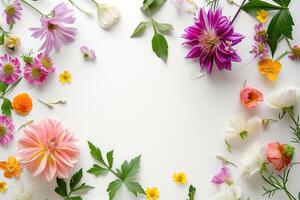 ai generado un ramo de flores de flores dispersado en blanco papel con hojas foto