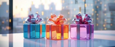 AI generated three colorful gift boxes on a glass table, photo