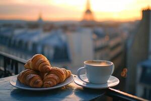 ai generado dos platos de croissants y un taza de café sentado en un balcón en un París paisaje urbano foto