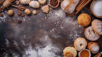 AI generated bakery advertisment background with copy space photo