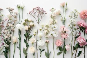 AI generated an arrangement of various bouquets in white and pink photo