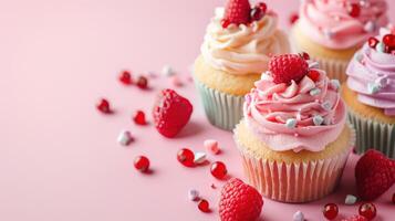 AI generated cupcakes advertisment background with copy space photo