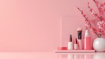 AI generated Cosmetics store advertisment background with copy space photo