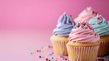 AI generated cupcakes advertisment background with copy space photo