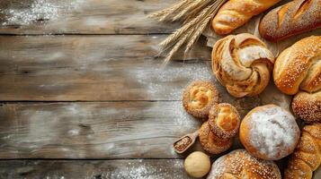 AI generated bakery advertisment background with copy space photo