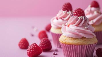 AI generated cupcakes advertisment background with copy space photo