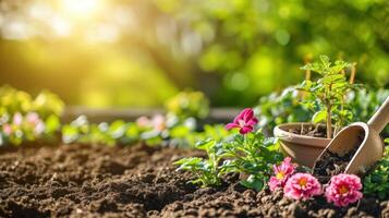 AI generated beautuful gardening background with copy space photo