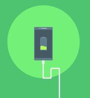 Smartphone charging on blue background. Vector illustration.