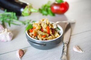 eggplant fried sauteed with other vegetables in a plate photo