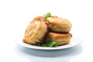 fried pies with meat in a plate on a white photo