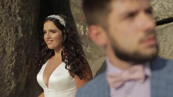 sposo con sposa vicino montagna colline. nozze coppia. contento famiglia nel amore video