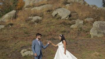 sposo con sposa vicino montagna colline. nozze coppia. contento famiglia nel amore video