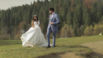 Groom with bride in the park. Wedding couple. Happy family in love video