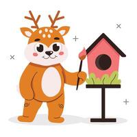 Illustration from a collection of cute animals. Deer paints a birdhouse. Vector graphic.