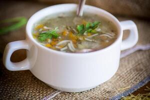 cooked hot soup with noodles and vegetables photo