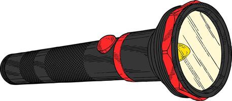 Hand drawn flashlight. Vector illustration of a flashlight. Black and red color.