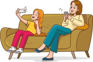 Vector illustration of a couple sitting on the couch, using mobile phone and laptop.Social media and internet addiction