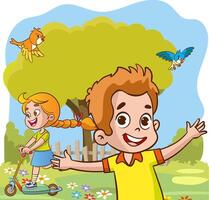 vector illustration of Kids Playing At Nature