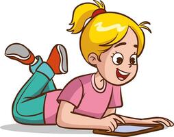 dibujos animados ilustración de linda pequeño niña acostado en el piso con un tableta ordenador personal vector