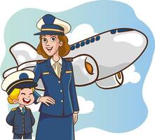 young woman pilot and kid pilots in uniform with airplane vector illustration graphic design