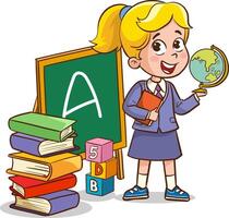 Vector illustration of teacher cute little girl holding a globe