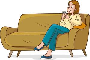 vector illustration of a Woman Sitting on a Couch Using a Smartphone