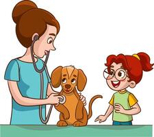 ilustración de un pequeño chico hablando a un veterinario con un perro vector