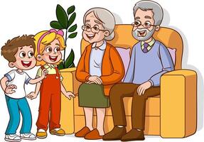 Grandparents with grandchildren. Vector illustration of a cartoon family sitting in a sofa.