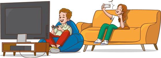 vector ilustración de niños jugando vídeo juegos en sofá