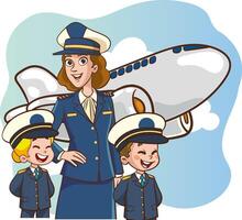 young woman pilot and kid pilots in uniform with airplane vector illustration graphic design