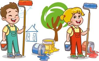 Cartoon children with paint bucket and paint roller. Vector illustration.