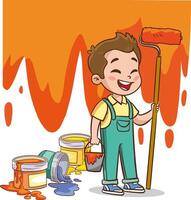 Cartoon children with paint bucket and paint roller. Vector illustration.