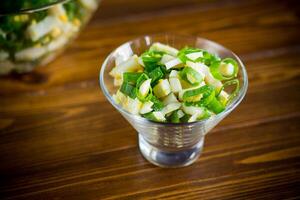 fresh spring salad with boiled squid, boiled eggs and green onions photo