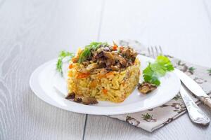 Diet pilaf with mushrooms and vegetables in a plate . photo