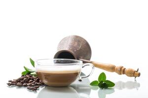 Cup of coffee latte with heart shape and coffee beans photo