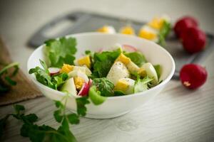 Fresh spring salad with fresh lettuce leaves, radishes, boiled eggs in a bowl photo