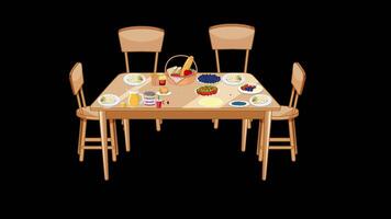 dining tafel Aan heerlijk voedsel met stoel concept animatie met alpha kanaal. video